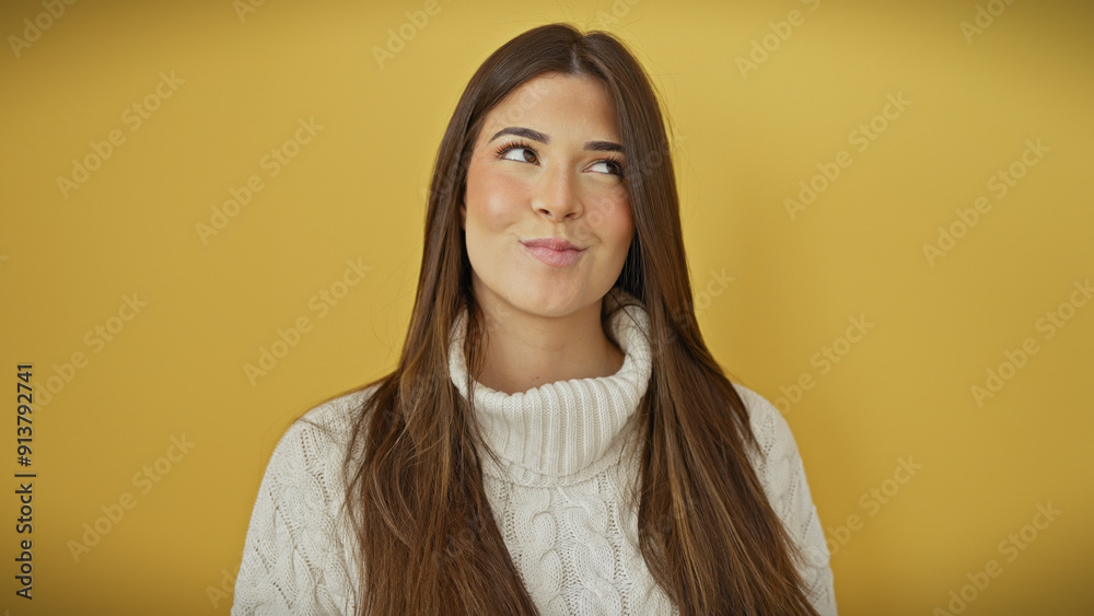 A young hispanic woman in a white sweater posing with a playful expression against a bright yellow background. A young hispanic woman in a white sweater posing with a playful expression against a bright yellow background.