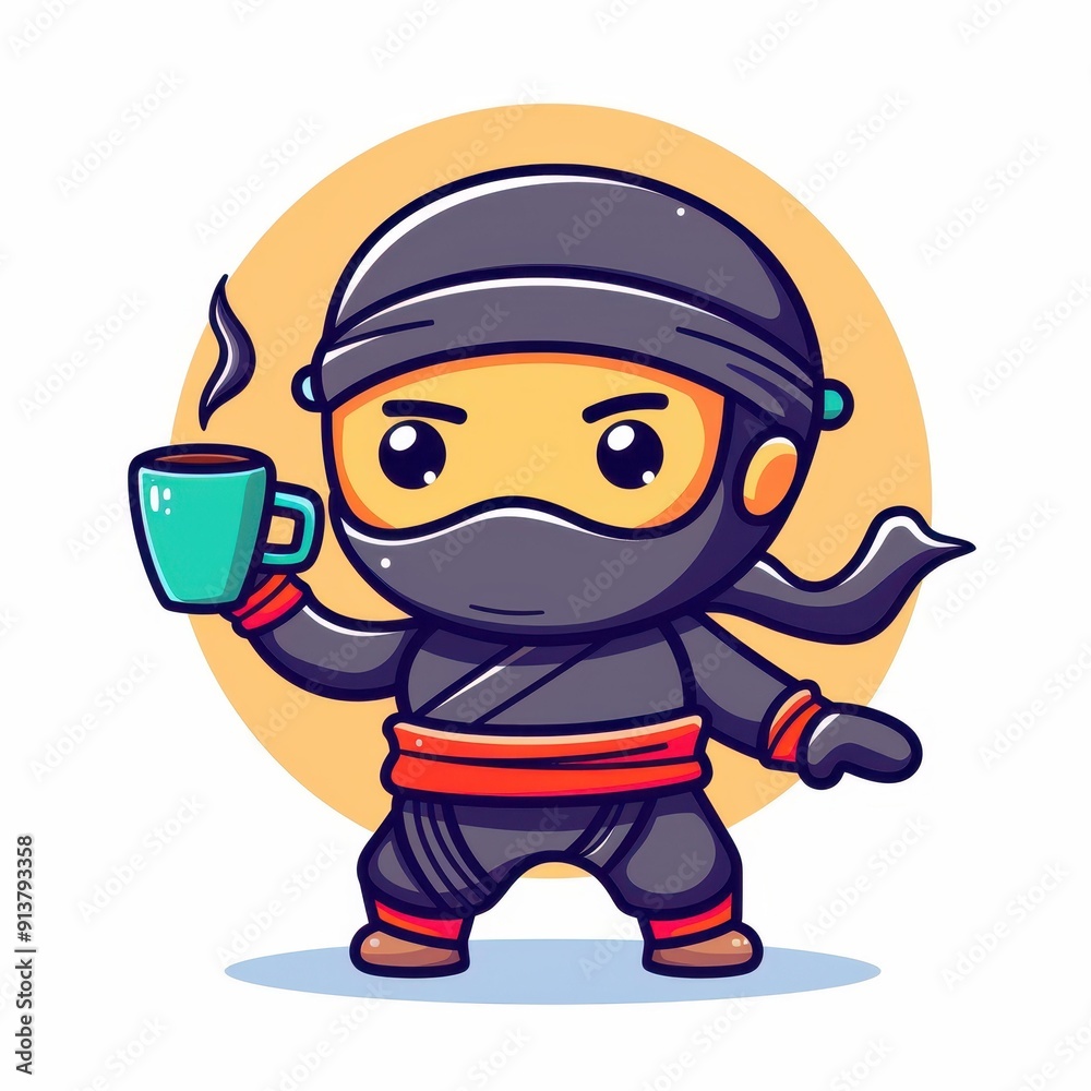 A playful cartoon ninja with a coffee mug strikes a bold pose, offering a fun twist in vibrant, modern flat style.