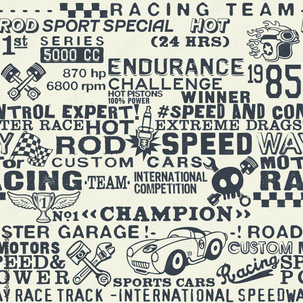 Obraz premium Cute speedway racing team elements wallpaper vintage vector seamless pattern for children wear fabric shirt sweatshirt pajamas