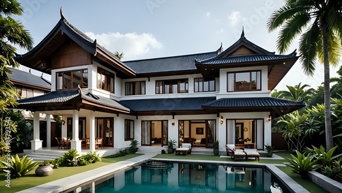 Luxurious tropical villa with swimming pool and lush greenery.