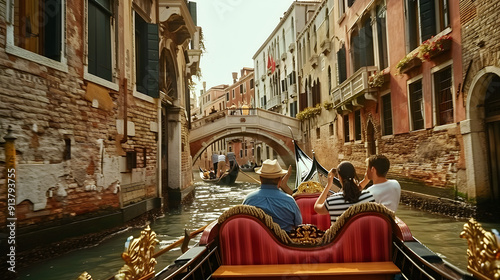 Tourists ride a gondola through the picturesque canals of Venice, Italy on a sunny day. photo