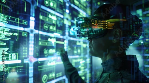 High Tech Thief Using Augmented Reality Glasses Navigating a Complex Security System, Futuristic Holographic Room