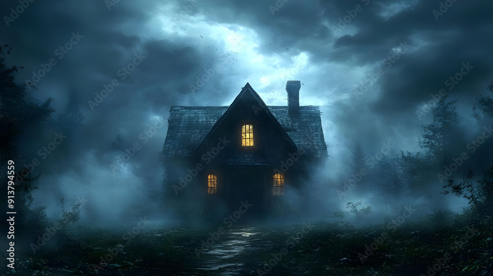 A solitary house in a foggy forest, illuminated by the moon. A solitary house in a foggy forest, illuminated by the moon.