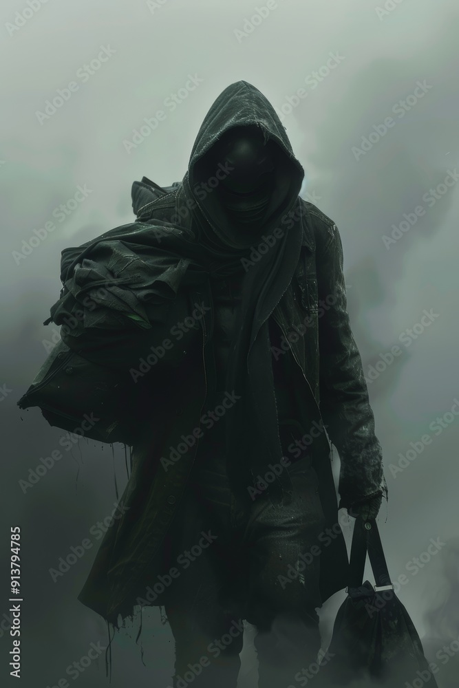 Hooded Robber Emerging from Fog with Stolen Goods - Tension and Eerie Atmosphere Stock Photo