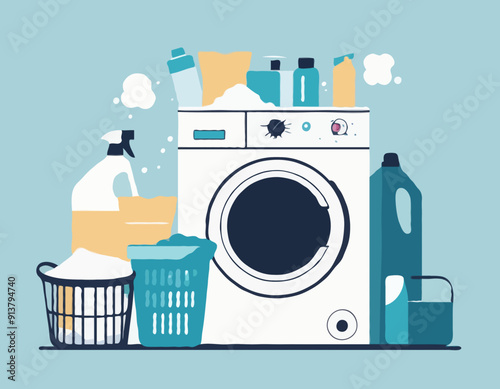 Washing and drying machines with powder and cleanser, basket with dirty clothes to wash. Flat vector illustration. 