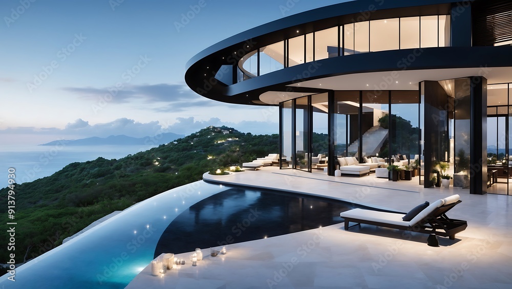Fototapeta premium A modern, black house with a large swimming pool overlooking the ocean.