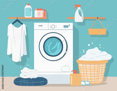 Washing and drying machines with powder and cleanser, basket with dirty clothes to wash. Flat vector illustration. 