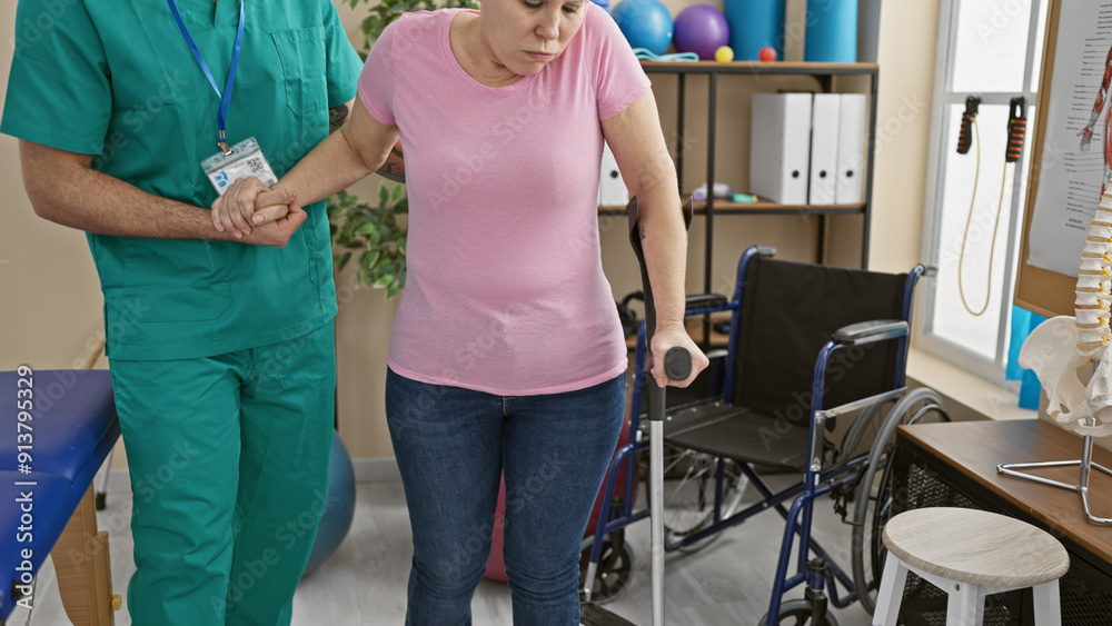 © Krakenimages.com - A man therapist assists a woman patient in walking rehabilitation inside a physiotherapy clinic.