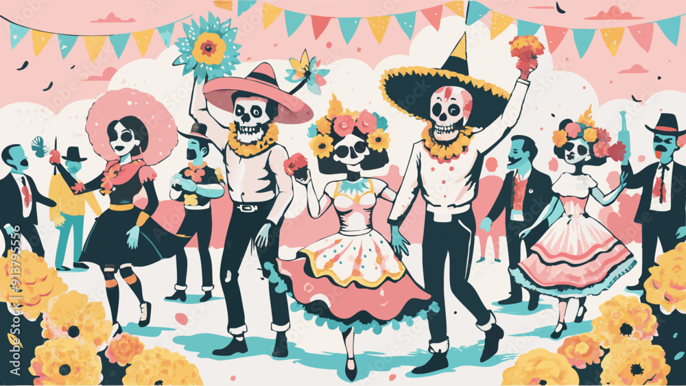 Fototapeta premium Colorful Day of the Dead Celebration with Dancing Skeletons and Festive Decor