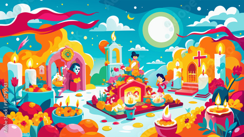Vibrant Day of the Dead Celebration Illustration with Traditional Mexican Symbols