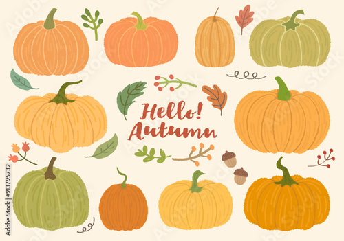 Set of hand drawn style colorful various pumpkins and autumn leaves  pattern vector. Fall vector elements set. Autumn cartoon style lettering hello autumn season handwritten slogan. Cozy fall. Acorns