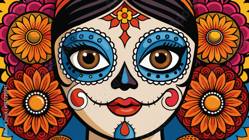 Vibrant Day of the Dead Sugar Skull Illustration with Floral Patterns