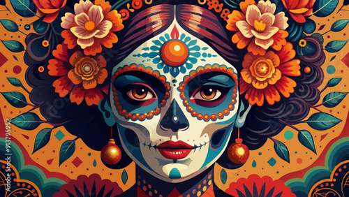 Colorful Dia de los Muertos Sugar Skull Illustration with Floral Motifs