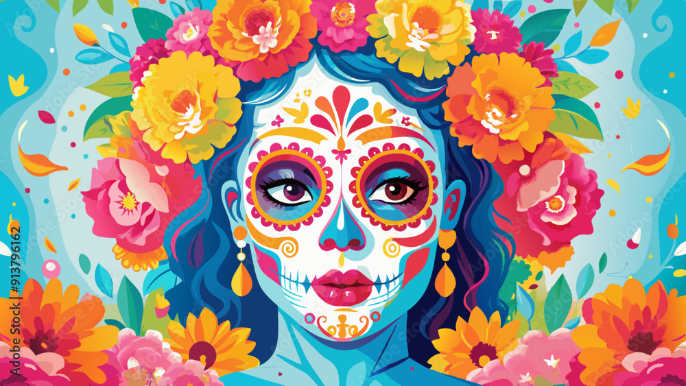 Vibrant Day of the Dead Sugar Skull Illustration with Floral Accents Vibrant Day of the Dead Sugar Skull Illustration with Floral Accents