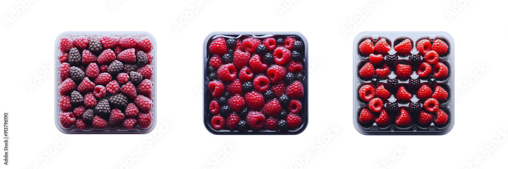 Set of pack of Raspberries in transparent Packaging, isolated over on transparent white background Set of pack of Raspberries in transparent Packaging, isolated over on transparent white background