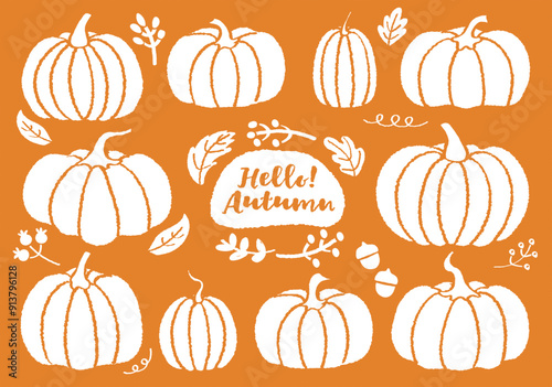 Set of hand drawn style colorful various pumpkins and autumn leaves  pattern vector. Fall vector elements set. Autumn cartoon style lettering hello autumn season handwritten slogan. Cozy fall. Acorns