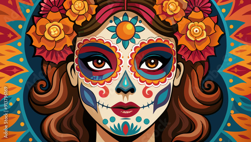 Vibrant Mexican Day of the Dead Sugar Skull Illustration
