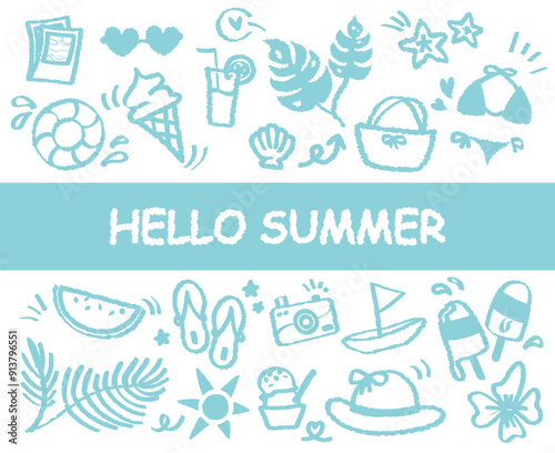 Collection of hand drawn colorful charcoal hello summer doodle. Pencil crayon drawing Ice cream Sun glasses Water melon Shell Swimsuit Leaf. Trendy vintage abstract beach holiday graphic collection. 