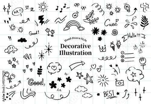 Set of cute pen line doodle element vector. Cartoon style glitter pen line elements. Sparkle line elements decoration symbol set icon. Arrows, heart, stars, flowers, hearts, signs cloud and symbols.