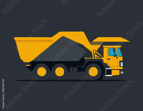 Big construction mining dump truck icon. Black silhouette. Side view. Vector simple flat graphic illustration. Isolated object on a white background