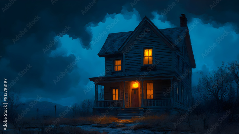 A solitary house with lit windows under a dramatic night sky. A solitary house with lit windows under a dramatic night sky.