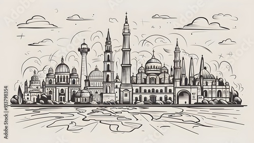 Line drawing of famous world landmarks on a white background