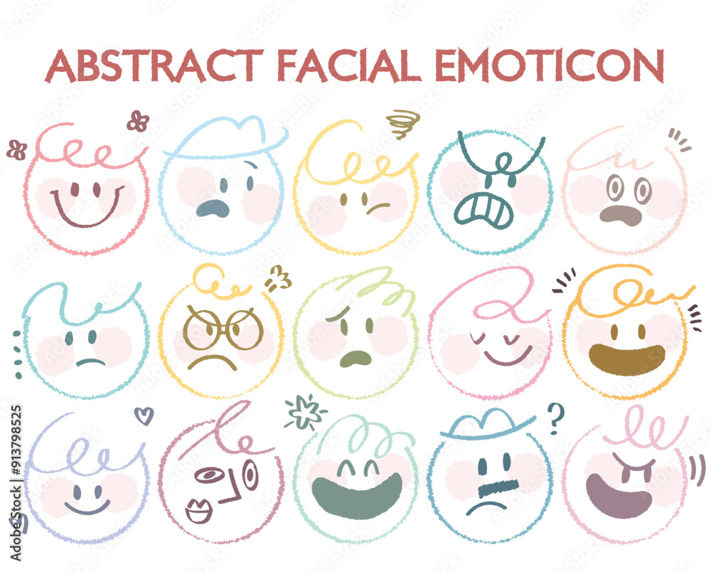 Outline flat face with variety cute and funny facial expression set. Cartoon doodle style round character emotion. Comic colorful happy, calm, worry, angry, anxiety, smile face with line draw hair Outline flat face with variety cute and funny facial expression set. Cartoon doodle style round character emotion. Comic colorful happy, calm, worry, angry, anxiety, smile face with line draw hair