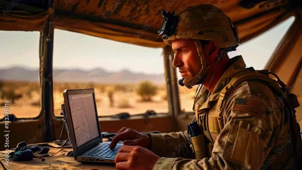 A soldier in a desert setting uses a laptop while wearing a helmet and tactical gear. A soldier in a desert setting uses a laptop while wearing a helmet and tactical gear.