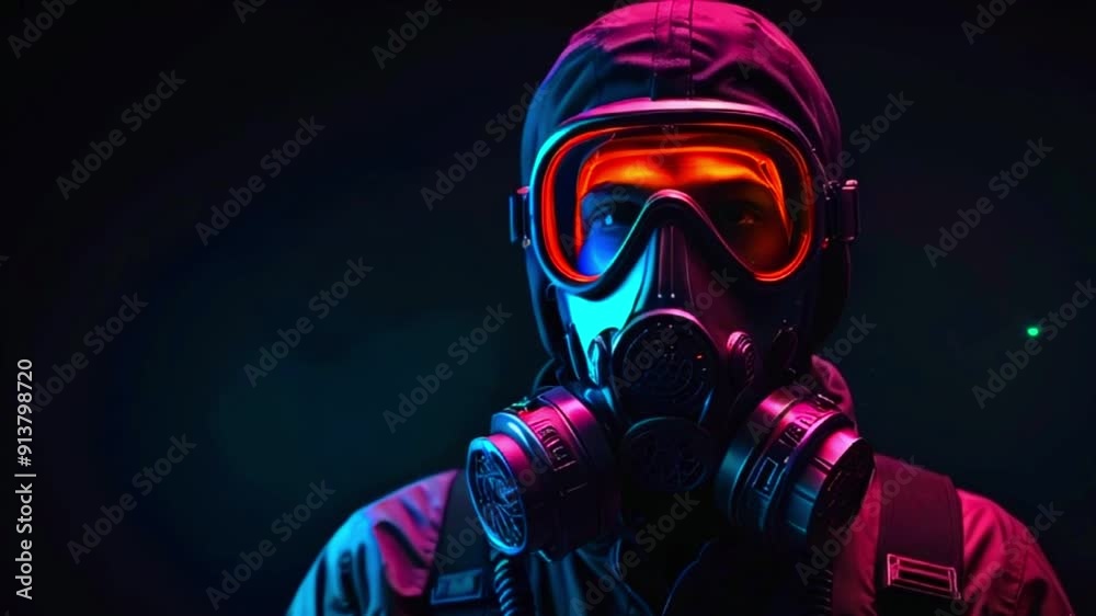 Close up of a person wearing a black gas mask with orange and blue neon lighting. Close up of a person wearing a black gas mask with orange and blue neon lighting.