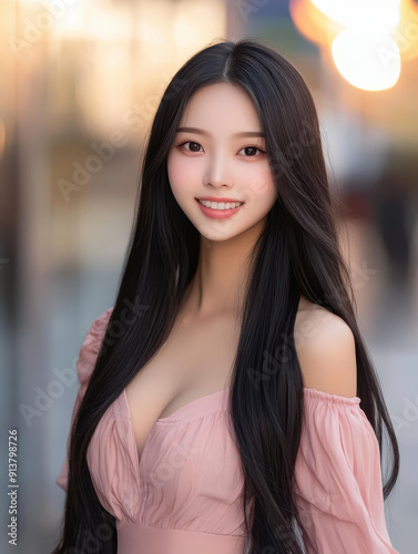 Stunning young woman with radiant smile and long black hair, captured in a vibrant street scene, showcasing her smooth skin.