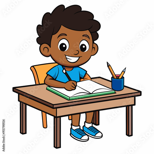 little kid study on desk and feel happy vector art illustration