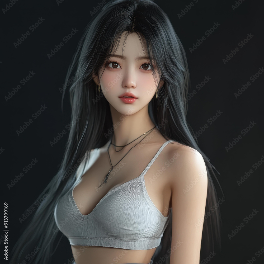 A stylish young woman in casual wear showcases her beauty and confidence with flowing black hair and a charming smile. A stylish young woman in casual wear showcases her beauty and confidence with flowing black hair and a charming smile.