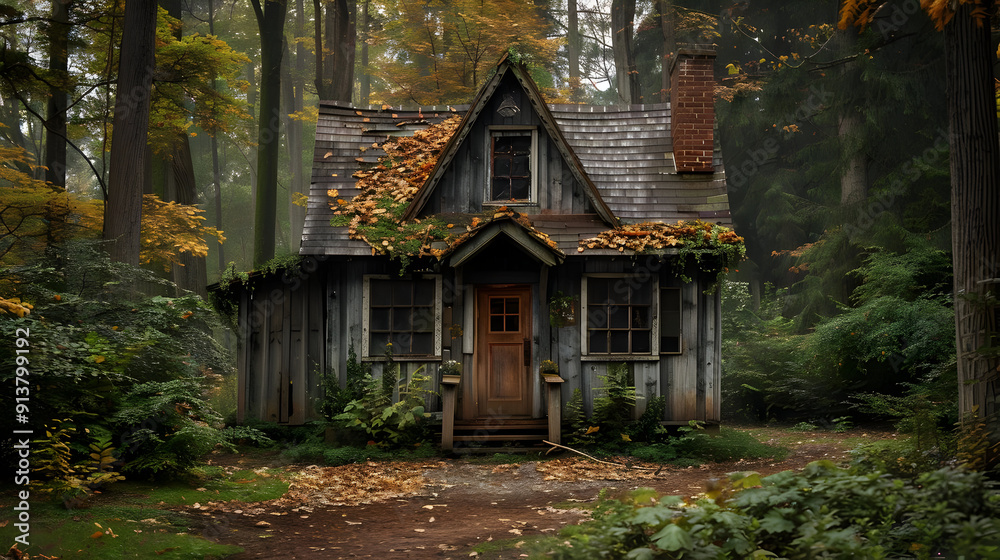 Woodland Cabin in Autumn Fog - Realistic Image Woodland Cabin in Autumn Fog - Realistic Image