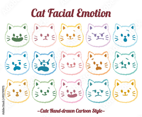 Set of cute furry cats in crayon doodle. Hand drawn variety emotion on the face of kitten. Sketch pet face character handmade. kids animals. Funny stylish muzzle isolated pets. Vector illustration.