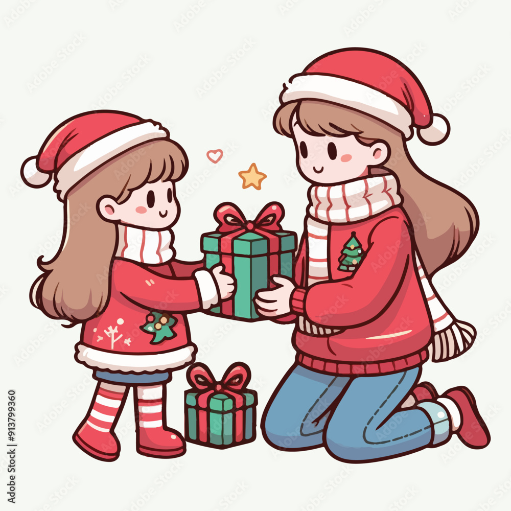 Young mother giving her daughter a gift for Christmas. Cartoon, color, simple, outline, plain background. Holiday season New Year. Young mother giving her daughter a gift for Christmas. Cartoon, color, simple, outline, plain background. Holiday season New Year.
