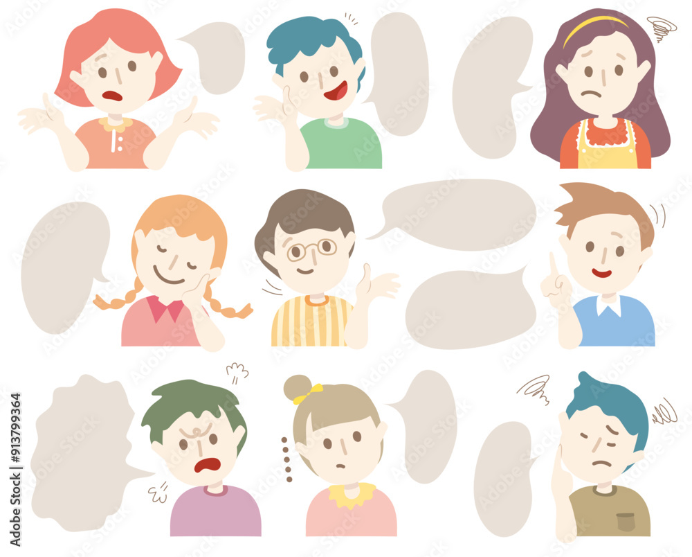 Set of avatars of characters with chat box. Vector profile for social media with dialog bubble.People avatar collection.Hand draw style people message cloud.Variety emoticon of the young person. Set of avatars of characters with chat box. Vector profile for social media with dialog bubble.People avatar collection.Hand draw style people message cloud.Variety emoticon of the young person.