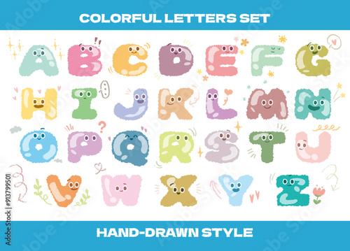 Hand drawn style cute uppercase letters alphabet creative typography design for children education vector illustration.Colorful funky abc font typeface with comic faces for nursery or kindergarten.