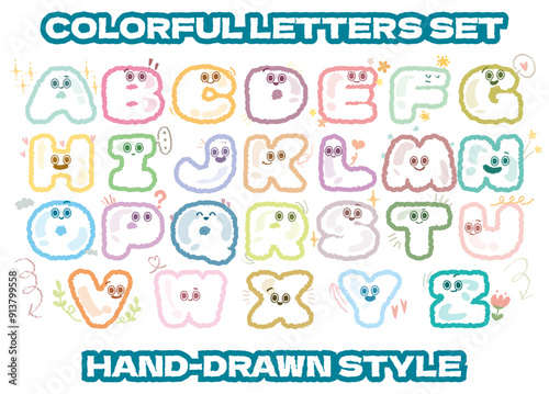 Hand drawn style cute uppercase letters alphabet creative typography design for children education vector illustration.Colorful funky abc font typeface with comic faces for nursery or kindergarten.