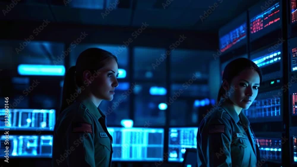 Two female security officers stand in front of a wall of monitors, with one looking intently at the screen. Two female security officers stand in front of a wall of monitors, with one looking intently at the screen.