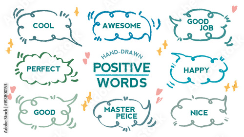 Comic style cute quote colorful speech bubble with positive words. Set of hand drawn memo frame. Cartoon doodle crayon drawing cloud, box, message. Flat vector. Best, Awesome, WOW, Master, Piece, Go