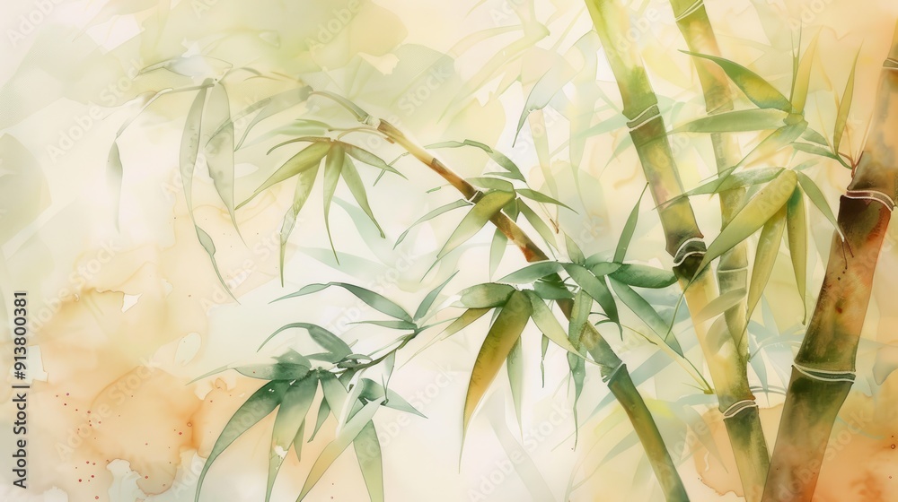 A watercolor painting depicting a close-up view of several bamboo stalks, their green leaves and stems reaching towards a pale, foggy sky. The painting features soft, blended hues of green, yellow, an
