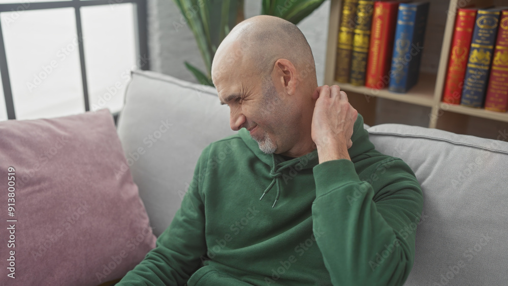 A bald man in a green hoodie smiles while scratching his head, sitting on a gray couch indoors with bookshelf background. A bald man in a green hoodie smiles while scratching his head, sitting on a gray couch indoors with bookshelf background.