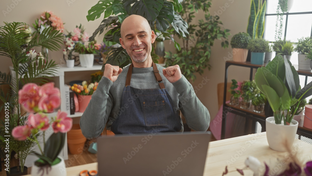 Bald man with beard celebrates success in indoor garden center facing laptop, surrounded by plants. Bald man with beard celebrates success in indoor garden center facing laptop, surrounded by plants.