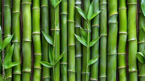 A close up view of a bamboo forest. The image showcases the vibrant green color of the bamboo stalks and leaves, highlighting the natural beauty of this fast-growing plant. The stalks are densely pack