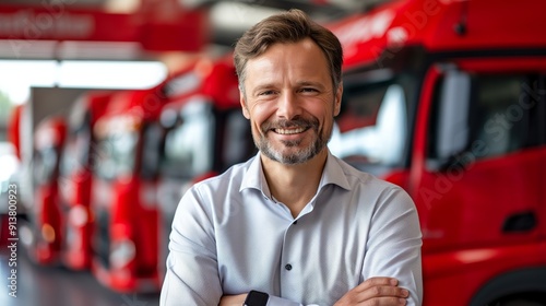 Confident truck driver smiles before a fleet of red trucks, embodying the spirit of modern transportation.