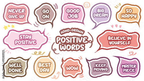 Set of positive words with colorful speech bubble. Compliment phase in variety abstract shape memo box, chat frame. Hand drawn style with crayon cute stickers label praise message. believe, moving on