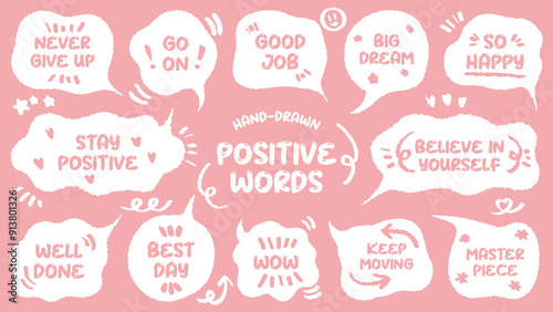 Set of positive words with colorful speech bubble. Compliment phase in variety abstract shape memo box, chat frame. Hand drawn style with crayon cute stickers label praise message. believe, moving on