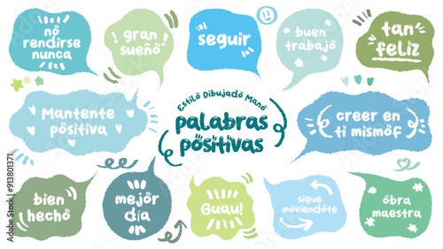 Comic style Spanish cute quote colorful speech bubble with positive words. Set of hand drawn memo frame with Spanish praise. Cartoon doodle crayon drawing cloud, box, message. Blue green Flat vector.