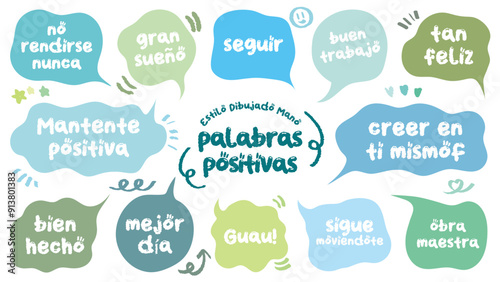 Comic style Spanish cute quote colorful speech bubble with positive words. Set of hand drawn memo frame with Spanish praise. Cartoon doodle crayon drawing cloud, box, message. Blue green Flat vector.