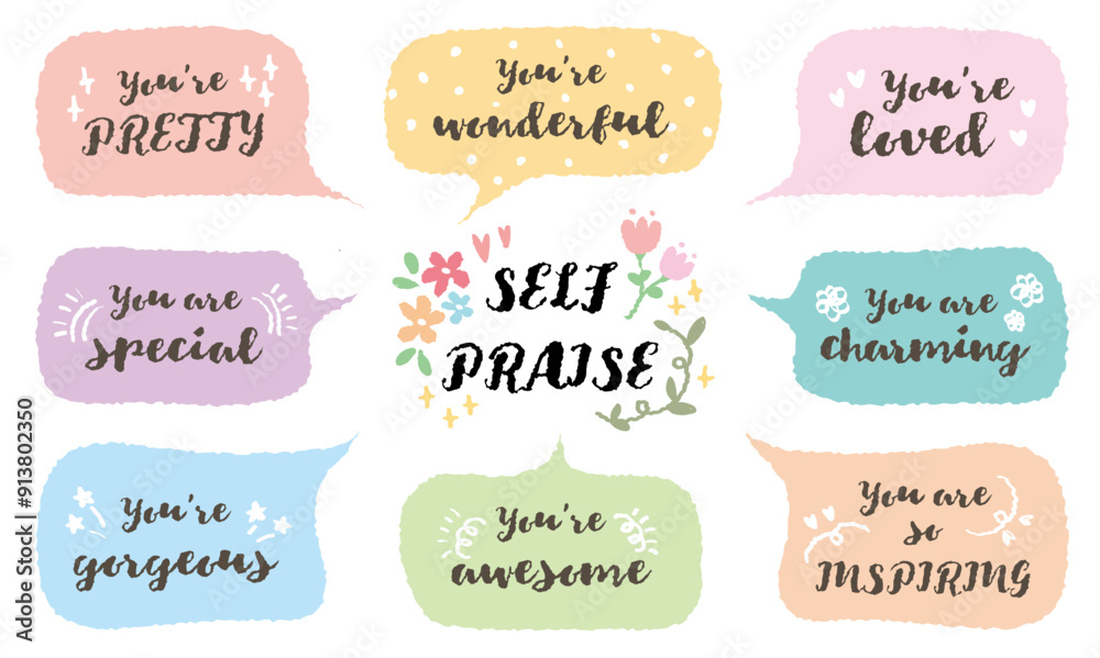 Set of speech bubbles with phrases, quotes, compliments self love, self praise. Encouraging cute affirmations. Quotes about love for yourself, self love. Typography for cards, posters, t-shirts, badge Set of speech bubbles with phrases, quotes, compliments self love, self praise. Encouraging cute affirmations. Quotes about love for yourself, self love. Typography for cards, posters, t-shirts, badge